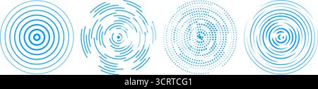 Blue radial concentric circle set. Halftone, dashed and dotted rings for epicenter, target, radar, earthquake, tsunami symbol. Sound wave signal collection. Vector ripple expansive vibration elements Stock Vector