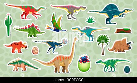 Cartoon dinosaur sticker set. Vector adhesive patches featuring prehistoric dino species along with plants, babies hatching from the eggs, palm trees, cacti and logs on a green patterned background Stock Vector