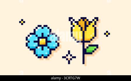 Colorful simple pixel art flowers. Stock Vector