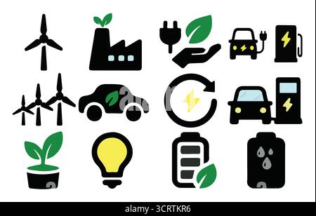 Eco Energy Vector Icons Set - Renewable Energy, Electric Cars, Charging Stations, Solar Power, Wind Turbine, Green Battery Stock Vector