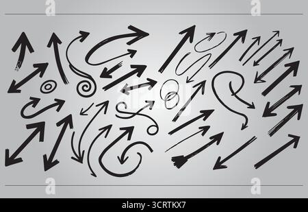 Image showcasing a diverse vector set of hand-drawn arrow designs. Include a variety of styles such as sketch, doodle, curved, spiral, and brush Stock Vector
