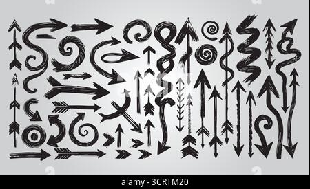 Image showcasing a diverse vector set of hand-drawn arrow designs. Include a variety of styles such as sketch, doodle, curved, spiral, and brush Stock Vector