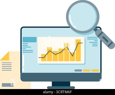 magnifying glass and graph, infographic on computer monitor Stock Vector
