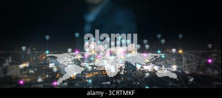 Human hand touching glowing world map with WiFi icons representing wireless internet technology. Concept of smart devices, global communication, innov Stock Photo