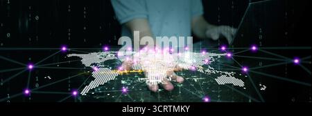 Innovative digital background with world map network and glowing connection points. Concept of cloud computing, blockchain, big data, artificial intel Stock Photo