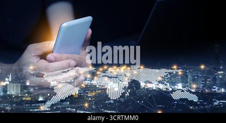Modern smartphone technology with global digital map network overlay on city background. Internet connection, business communication, global innovatio Stock Photo