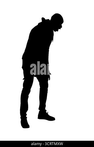 silhouette of side view of a man showing a surprised attitude looking down and open mouth on white background Stock Photo