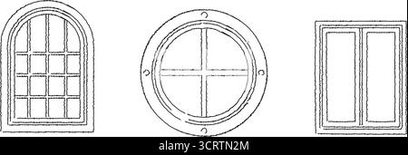Black line illustration showing three window styles including an arched window, round porthole window, and rectangular window. Stock Vector