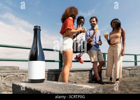 Beer bottle with blank label on a stone wall outdoors, with a multicultural group of friends drinking craft beer in the background during a summer day Stock Photo