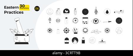 Eastern practices and spiritual symbols outline illustrations mega bundle Stock Vector
