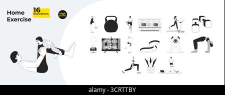 Home exercise and fitness outline illustrations mega bundle Stock Vector