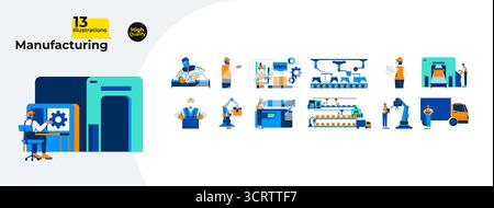 Industrial manufacturing and quality control cartoon flat illustrations mega bundle Stock Vector