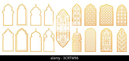 Golden Ramadan arch collection with ornament patterns and iIslamic geometric designs for mosque decoration. Traditional window frames with motifs and arabesque details. Sacred architecture elements Stock Vector