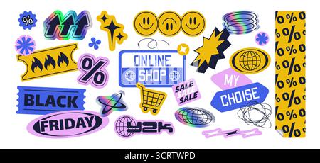 Y2k label stickers with retro digital aesthetic - percentage symbol, smiling face, Black Friday text, online shop badge and shopping cart icon. Nostalgic internet culture elements for vintage design Stock Vector
