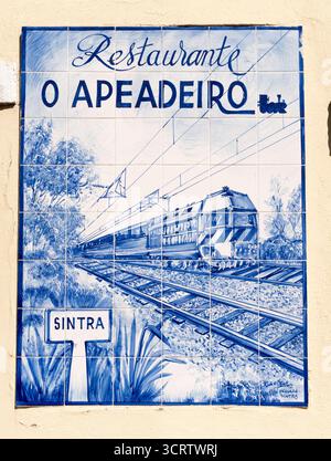 Ceramic tile plaque on the Restaurante O Apeadeiro in Sintra, Portugal Stock Photo