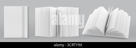 Hardcover notebook set with blank white covers and open spread pages for mockup design. Closed journal, opened publication with sheets and fanned paper edges. Educational or office stationery. Stock Vector