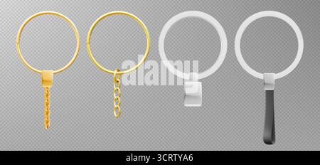 Keychain collection with golden and silver rings for souvenir or accessory mockup design. Metal circles with chains, square pendant and cylindrical holder on transparent background. Gift keyrings set. Stock Vector