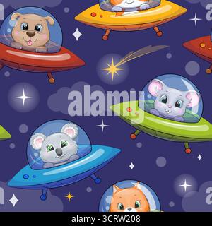 Seamless pattern of cute cartoon spaceships with different animals in space. Night vector illustration with dog, mouse, koala and fox in UFO on dark b Stock Vector