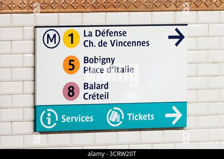 Paris, France - September 7, 2025: Metro sign with directions to lines 1, 5, and 8 at a Paris subway station Stock Photo