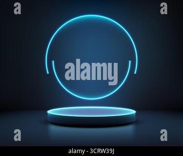 glowing neon ring and circular podium create a futuristic stage on a dark reflective surface, perfect for showcasing products, digital presentations, Stock Vector