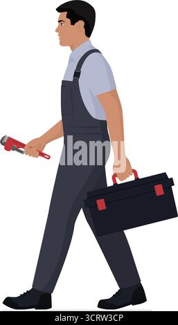 Professional plumber holding tools and walking, profile view, full body isolated Stock Vector