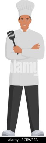 Kitchen staff worker posing on white background: confident chef holding a spatula and standing with arms crossed Stock Vector