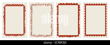 Retro whimsical Christmas dinner card frames set with scalloped looped hand-drawn borders. Festive ornamental frames for greeting cards, menu, gift Stock Vector