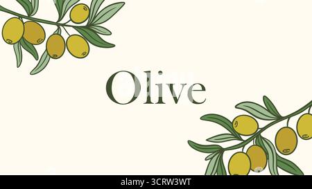 Template with green olive branches. Olive harvest. Horizontal banner with ripe olive fruits, vector graphic Stock Vector