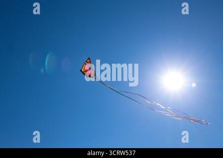A colorful butterfly-shaped kite soars high against a clear blue sky with bright sunlight in the background. Stock Photo