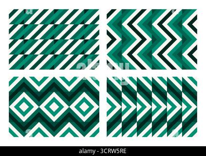 Set of 4 backgrounds, Colorful zigzags, diamonds, and optical illusion, seamless geometric vector pattern . Bold abstract design background, fabric, w Stock Vector