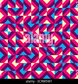 Random diagonal particles, Colorful zigzags, diamonds, and optical illusion, seamless geometric vector pattern . Bold abstract design background, fabr Stock Vector