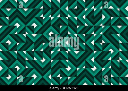 Random diagonal particles, viridian green zigzags, diamonds, and optical illusion, seamless geometric vector pattern . Bold abstract design background Stock Vector