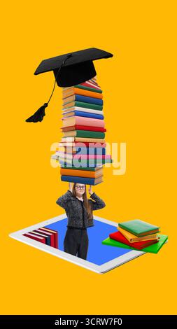Modern composition. Girl balancing stack of books with graduation cap emerging from digital tablet Stock Photo