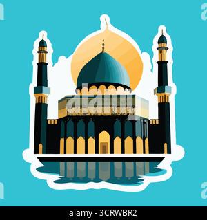 Mosque Vector Illustration stickers with Golden Dome, Arabic Calligraphy, Arched Entrance, Religious Architecture Art Stock Vector