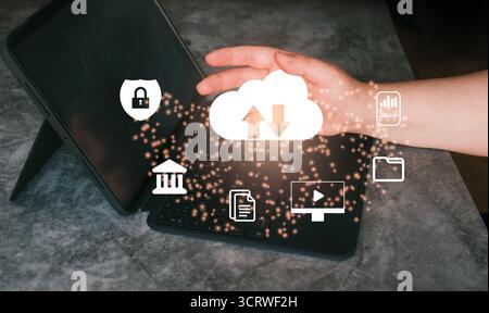 Woman use cloud technology computing network on digital tablet. Backup and data storage. Networking and digital online service concept. Stock Photo