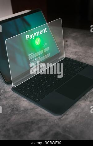 Digital tablet with vr interface for online payment. Banking and online shopping. Secure technology for financial transaction. Digital online payment Stock Photo