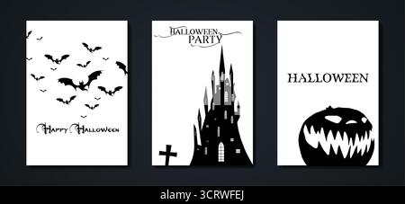 Halloween party, set spooky card in black and white background, scary bats with gothic haunted castle and dark pumpkin, horror festive theme concept Stock Vector