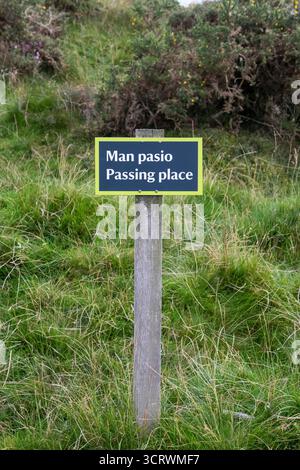 'Man Pasio' welsh sign for 'Passing Place' on a post by a narrow country road indicating where vehicles may safely pass. UK road signs. Stock Photo