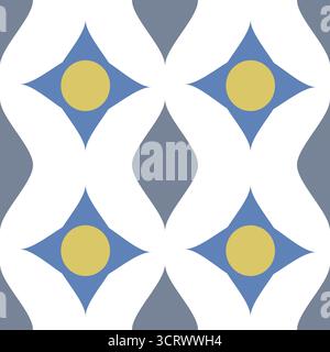A seamless vector pattern featuring stylized blue diamonds with yellow circular centers, interconnected by flowing grey shapes on a white background, Stock Vector