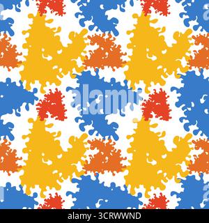 Seamless vector pattern of abstract, organic paint splatters in vibrant yellow, orange, red, and blue hues against a clean white background, evoking a Stock Vector