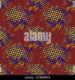 A vibrant abstract vector pattern featuring a seamless repeating arrangement of yellow polka dots and distressed purple shapes on a deep maroon backgr Stock Vector