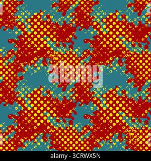Seamless vector pattern featuring abstract red blobs with yellow polka dots on a teal background. Stock Vector