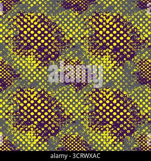 Dynamic abstract vector pattern featuring a grunge halftone effect with scattered yellow circles on a purple and gray background. Stock Vector