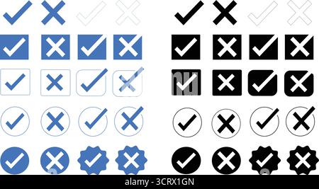 Vector Checkmark and Cross Icon Set – Editable Tick and Cancel Symbols for UI/UX Design Stock Vector