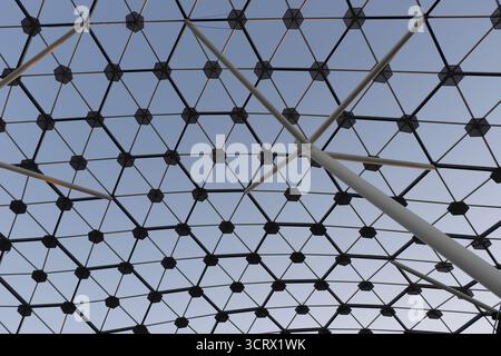 Symmetrical Diagrid Pattern of a Transparent Roof. Stock Photo