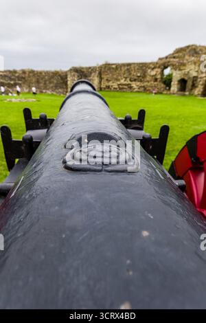 Close-up view of a historic cannon with Tudor Rose emblem at Pevensey Castle, Sussex. Stock Photo