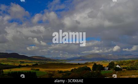 Landscapes in the Eryri National Park (Snowdonia) with hillside trees, impressive cloud formations, in the Southern part of the Park. Stock Photo