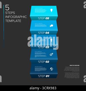A dark-themed infographic template showcasing 5 steps in a horizontal, layered design. This infographic template is perfect for presenting information Stock Vector