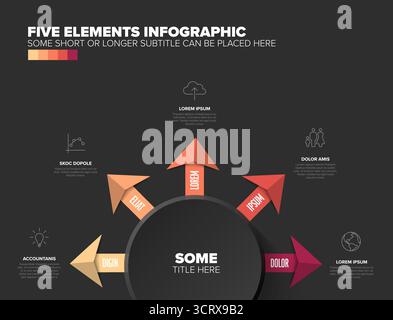 A dark, modern five-element infographic template with a central circle and five colorful arrows pointing outwards. This infographic features five inte Stock Vector