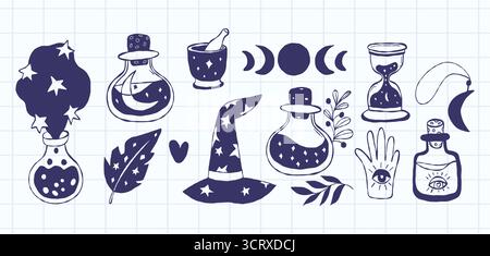 Magic and Mysticism, Symbols and occult elements, Witch Doodles. Textured Hand Drawn Set. Isolated Vector sketch Wizard Hat, Hourglass, Potion, Elixir Stock Vector
